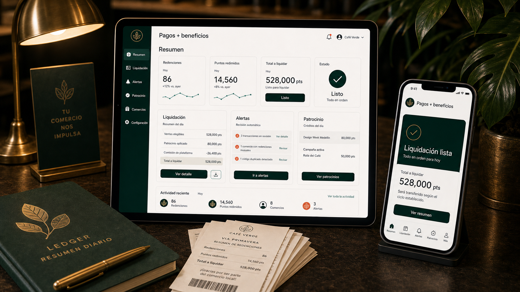 Resumen de liquidación con alertas, patrocinio y redenciones del comercio.