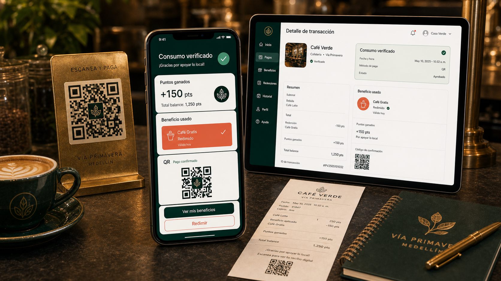 Confirmación por QR de consumo verificado, puntos ganados y beneficio usado.