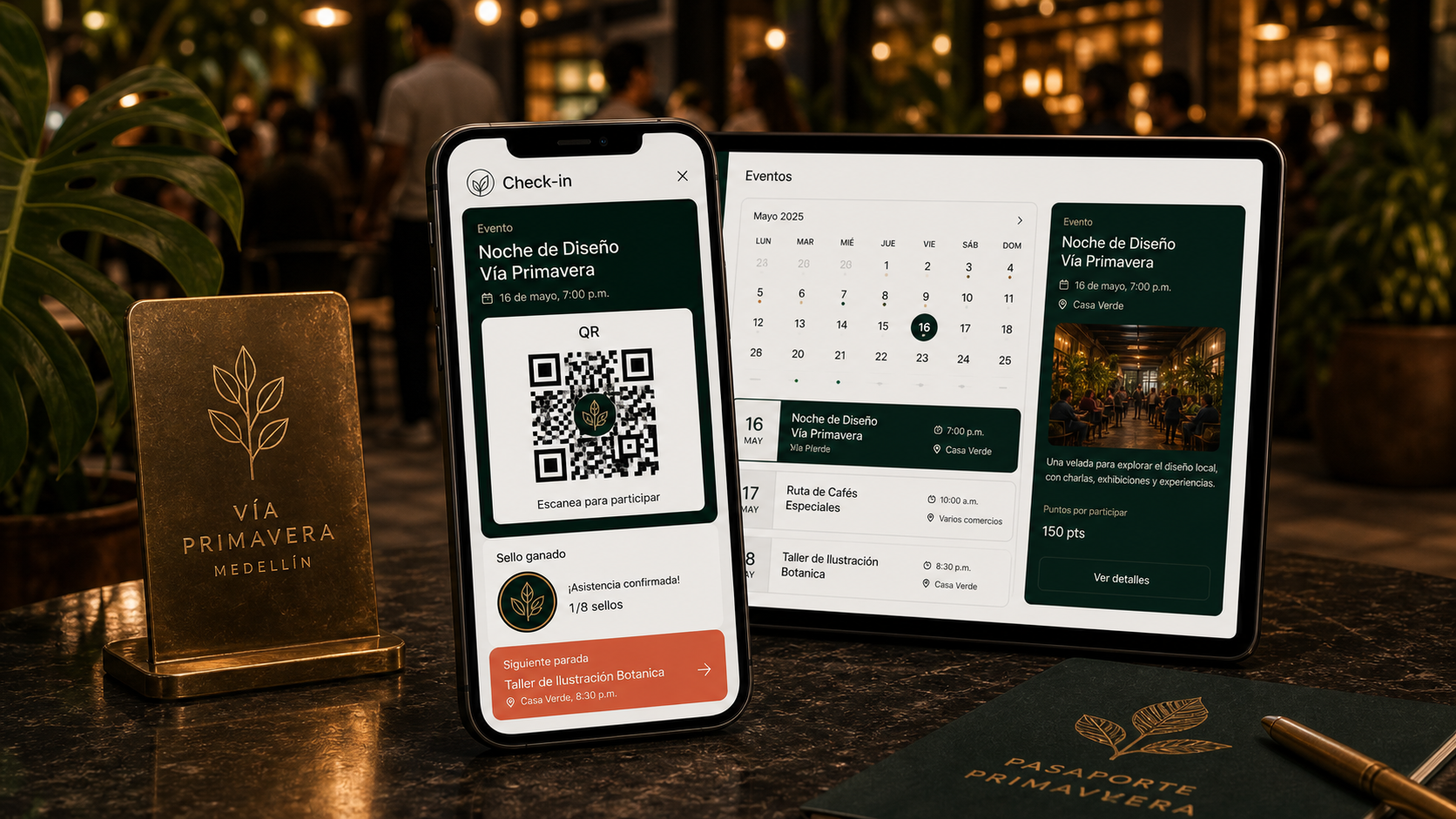 Check-in de evento con QR, sello ganado y siguiente parada recomendada.