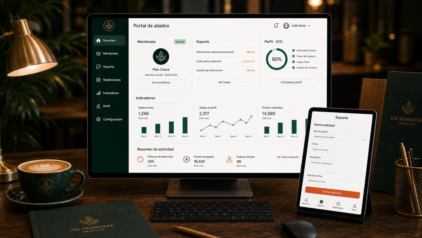 Portal de aliados con soporte, membresía e indicadores simples del comercio.