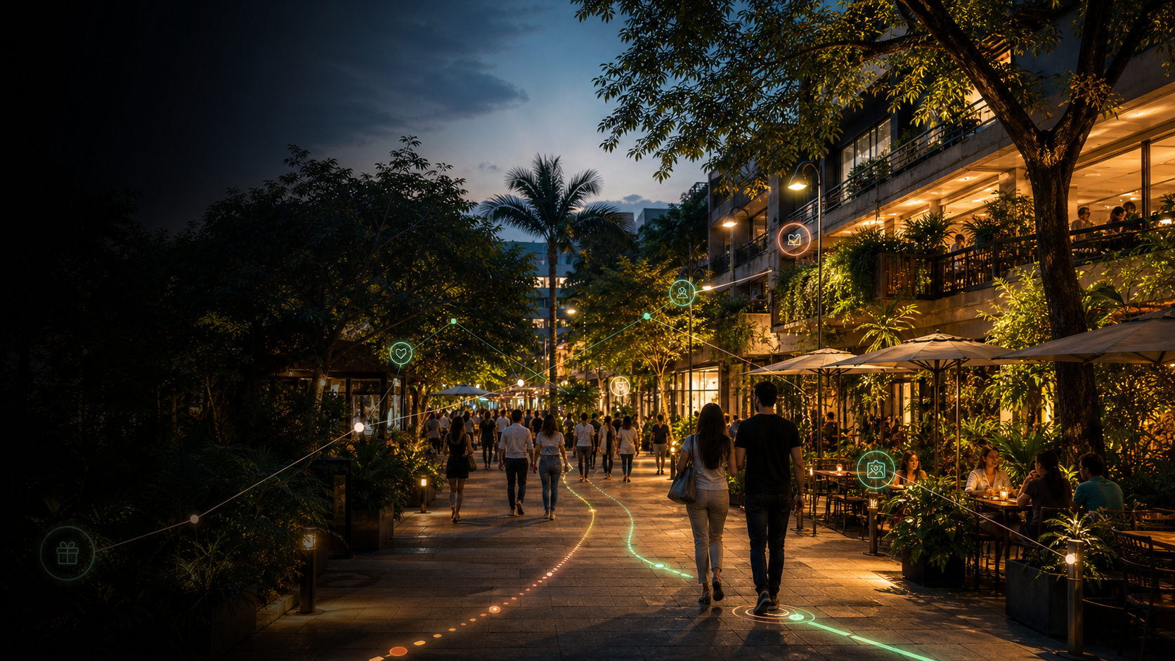 La calle Vía Primavera al anochecer, con árboles iluminados y un sendero de luces verdes entre los comercios.