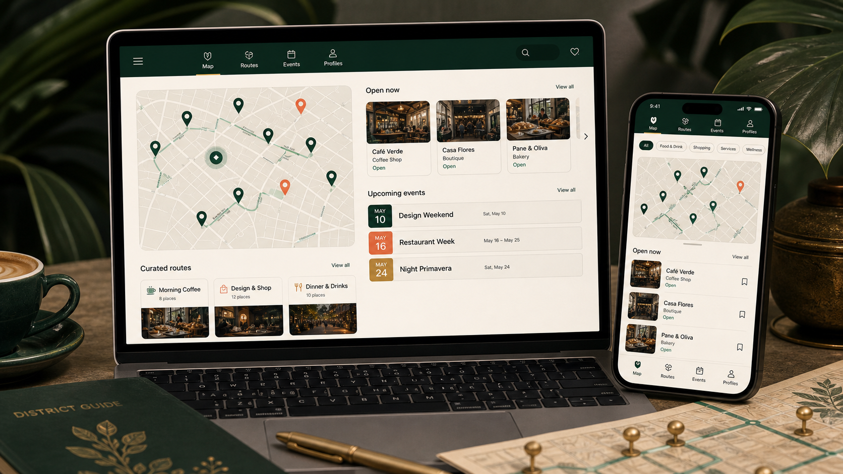Guía digital de Primavera con mapa, rutas, eventos y perfiles.