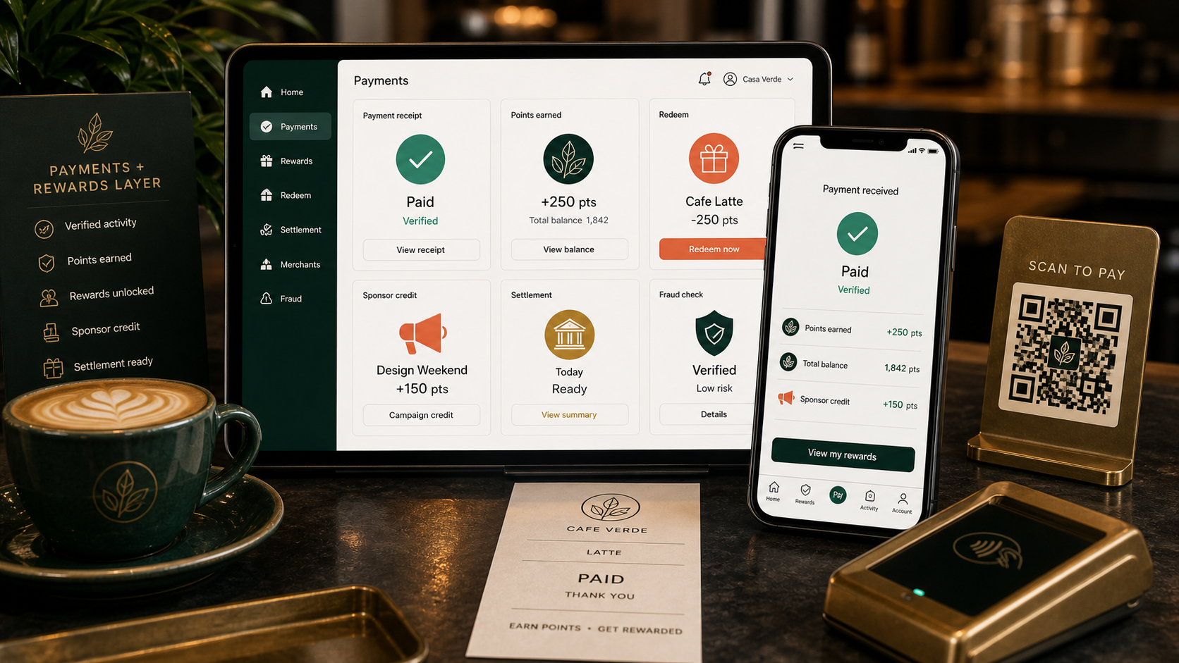 Mockup de pagos y beneficios con recibo, puntos y redenciones.