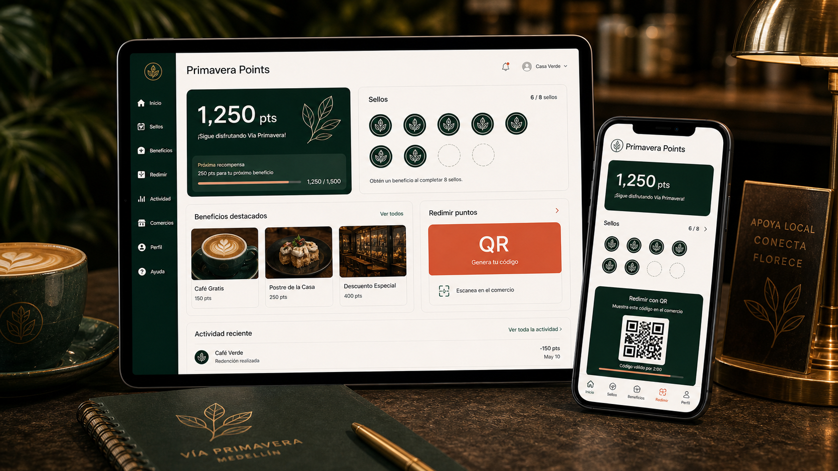 Primavera Points con saldo de puntos, sellos, beneficios y redención por QR.